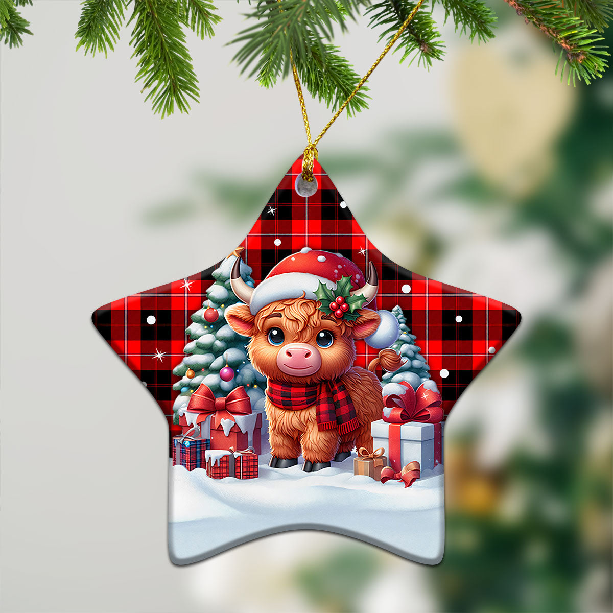 Cunningham Modern Tartan Christmas Ceramic Ornament - Highland Cow Winter Style