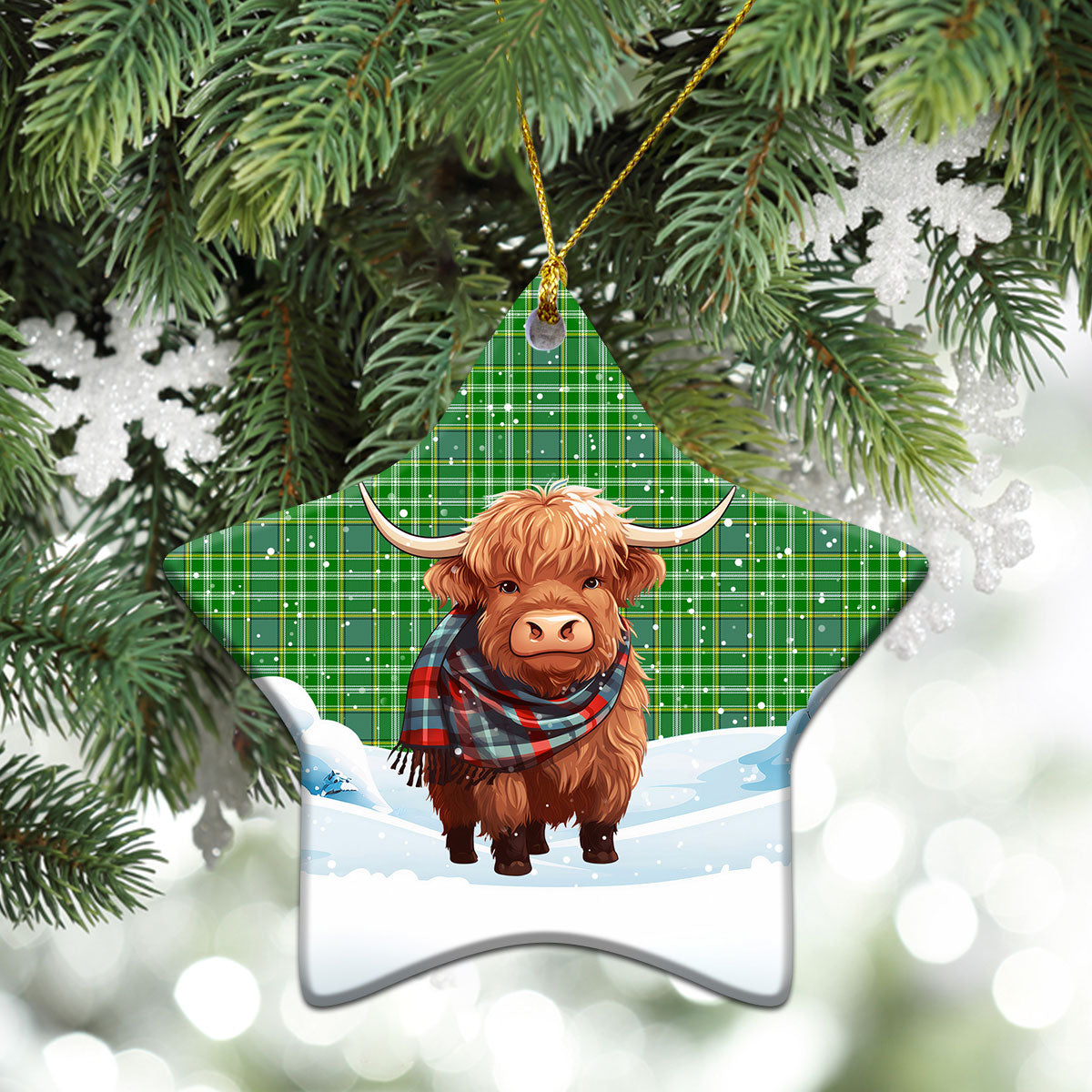 Currie Tartan Christmas Ceramic Ornament - Highland Cows Snow Style