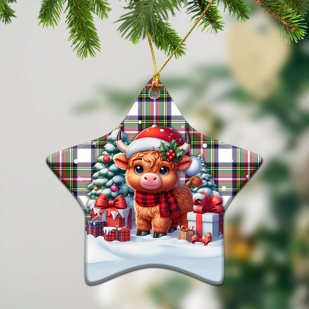 Dennistoun Tartan Christmas Ceramic Ornament - Highland Cow Winter Style