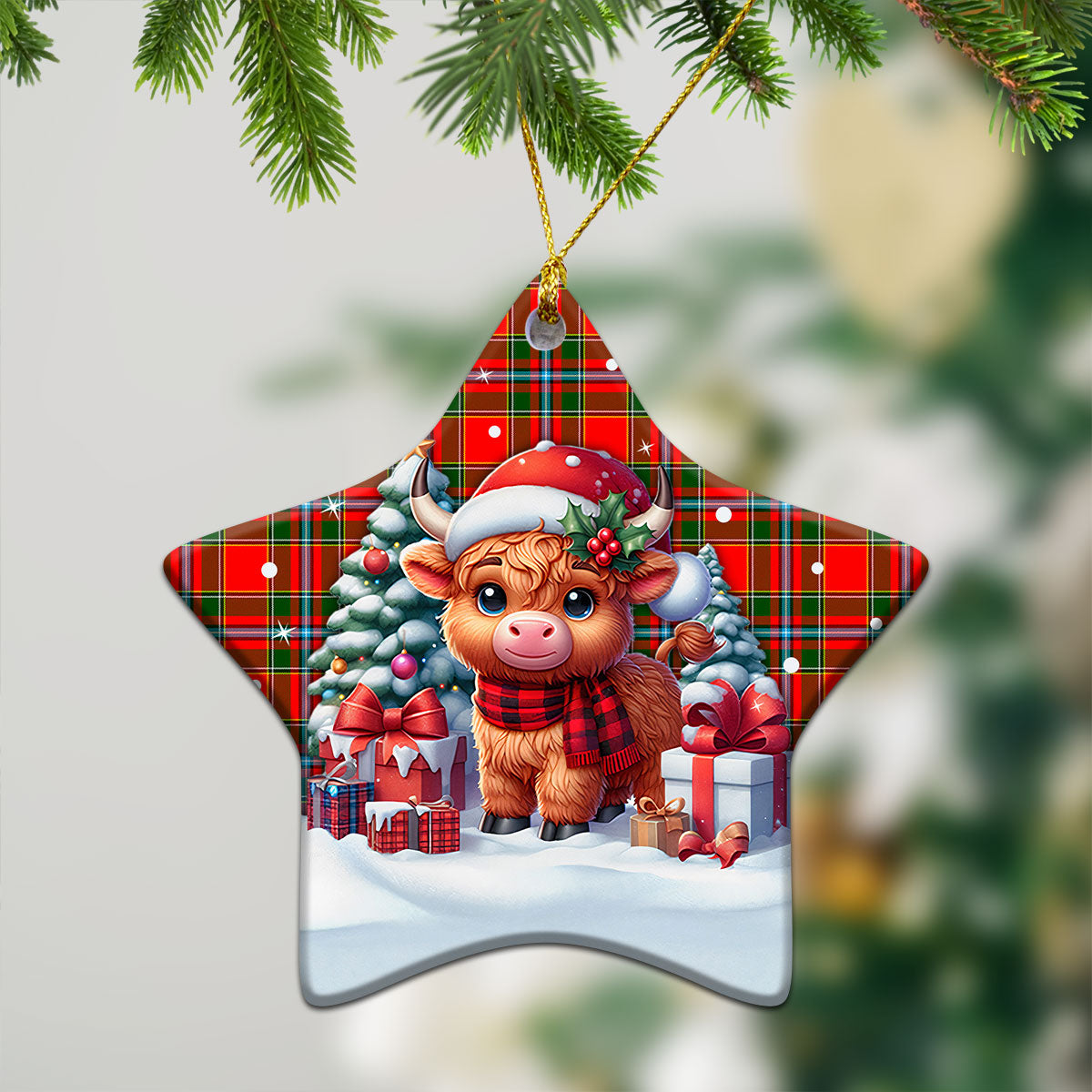 Drummond of Perth Tartan Christmas Ceramic Ornament - Highland Cow Winter Style