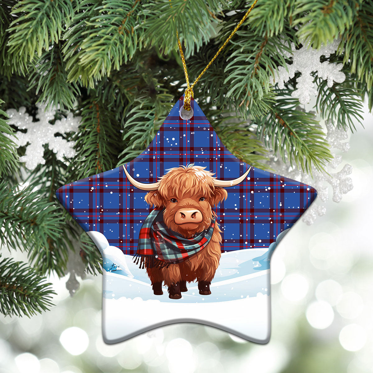 Elliot Modern Tartan Christmas Ceramic Ornament - Highland Cows Snow Style