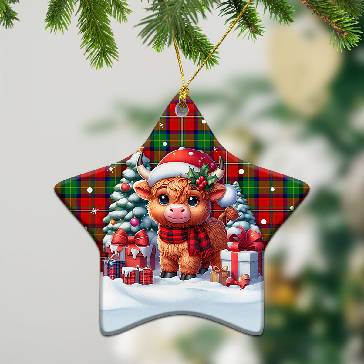 Fairlie Tartan Christmas Ceramic Ornament - Highland Cow Winter Style