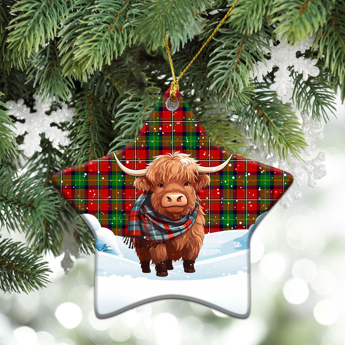 Fairlie Tartan Christmas Ceramic Ornament - Highland Cows Snow Style