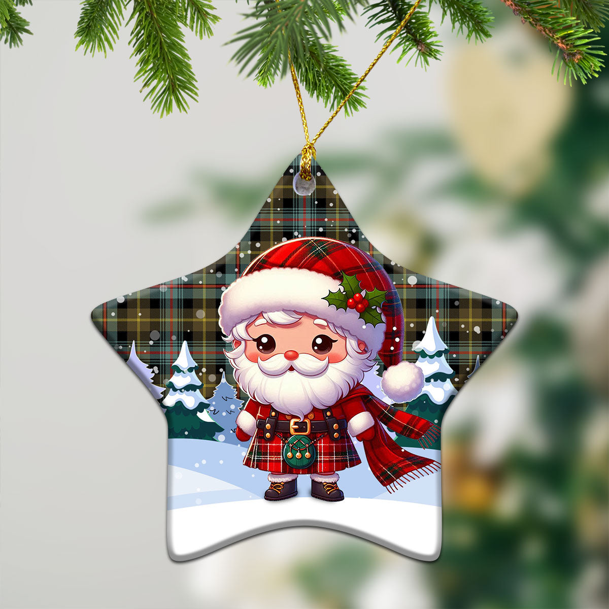 Farquharson Weathered Tartan Christmas Ceramic Ornament - Santa Claus In Kilt Style