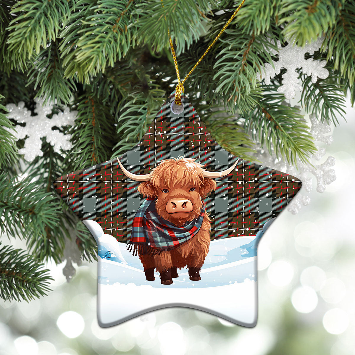 Fergusson Weathered Tartan Christmas Ceramic Ornament - Highland Cows Snow Style