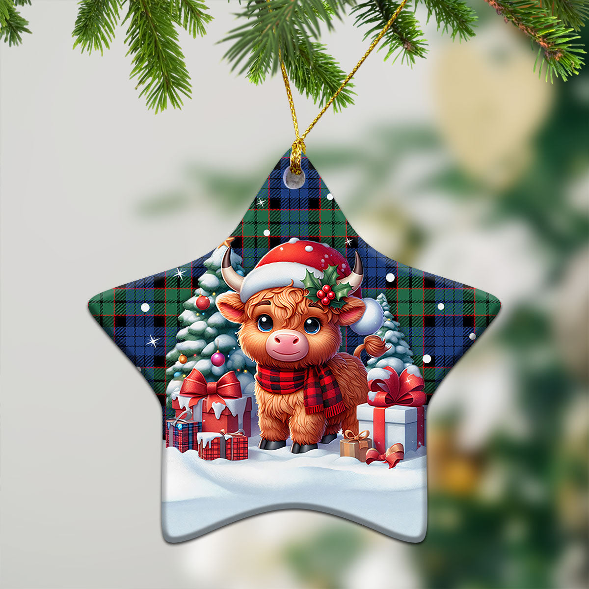 Fletcher Ancient Tartan Christmas Ceramic Ornament - Highland Cow Winter Style