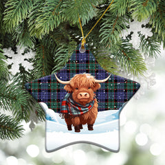 Fletcher Modern Tartan Christmas Ceramic Ornament - Highland Cows Snow Style