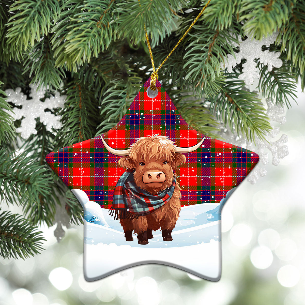 Fraser Tartan Christmas Ceramic Ornament - Highland Cows Snow Style