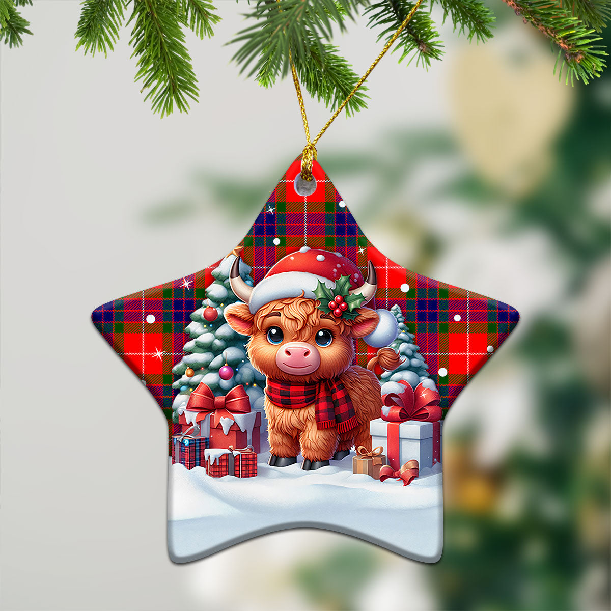 Fraser (of Lovat) Modern Tartan Christmas Ceramic Ornament - Highland Cow Winter Style