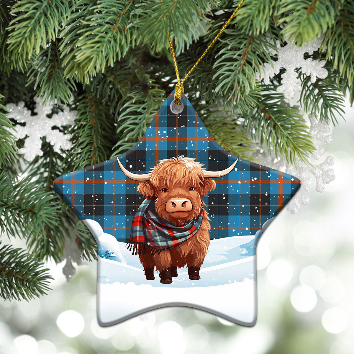 Garden Tartan Christmas Ceramic Ornament - Highland Cows Snow Style