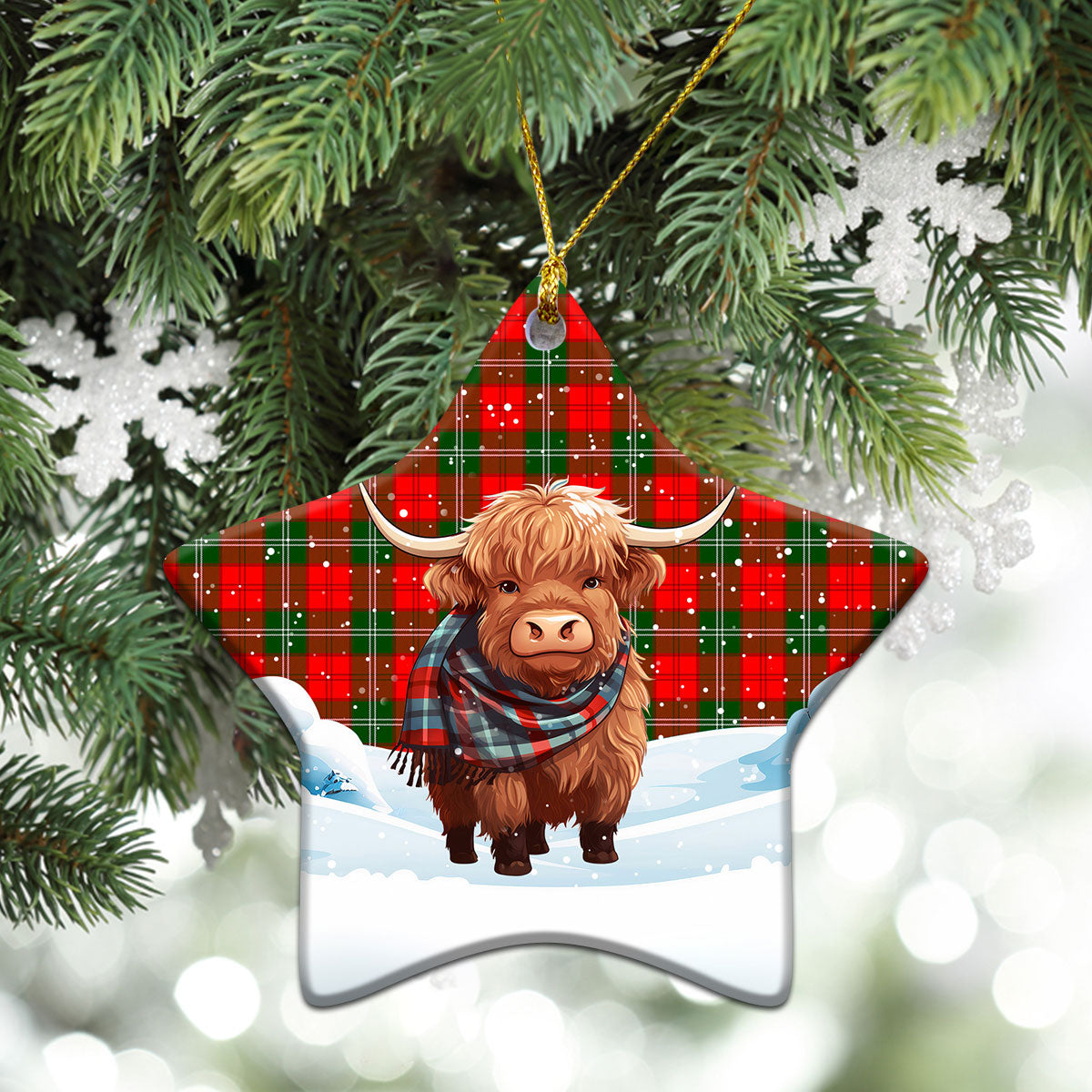 Gartshore Tartan Christmas Ceramic Ornament - Highland Cows Snow Style