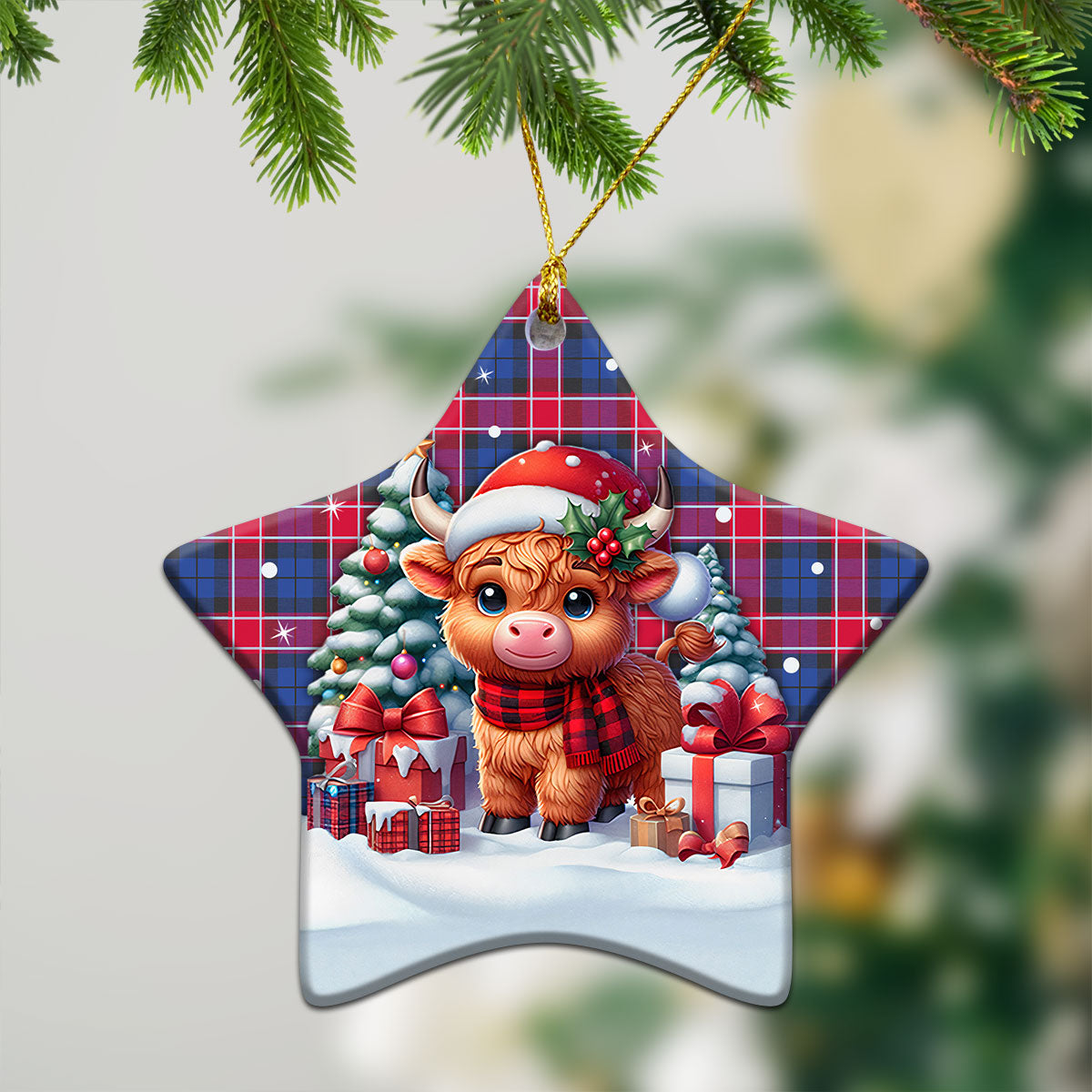 Graham of Menteith Red Tartan Christmas Ceramic Ornament - Highland Cow Winter Style