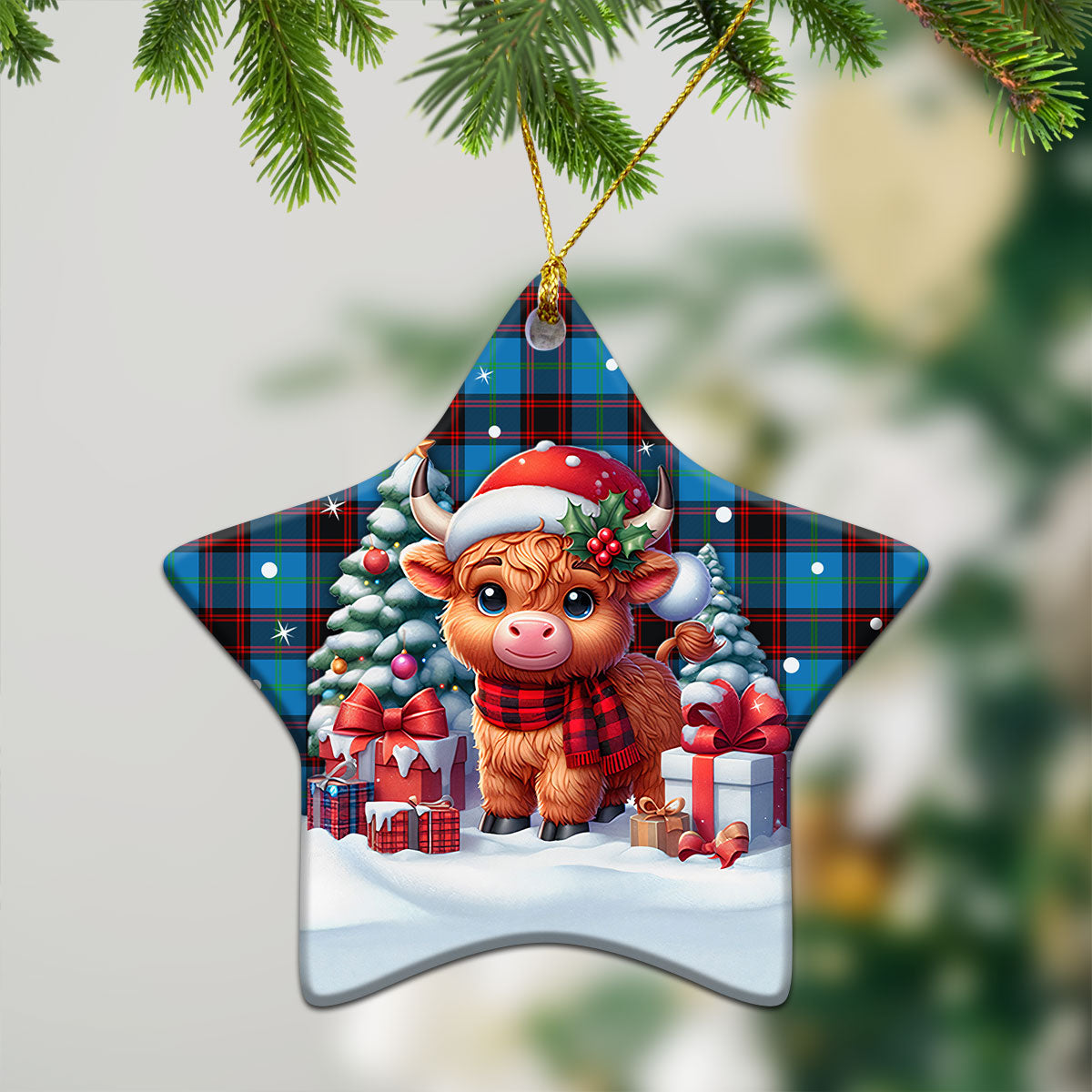 Home Ancient Tartan Christmas Ceramic Ornament - Highland Cow Winter Style