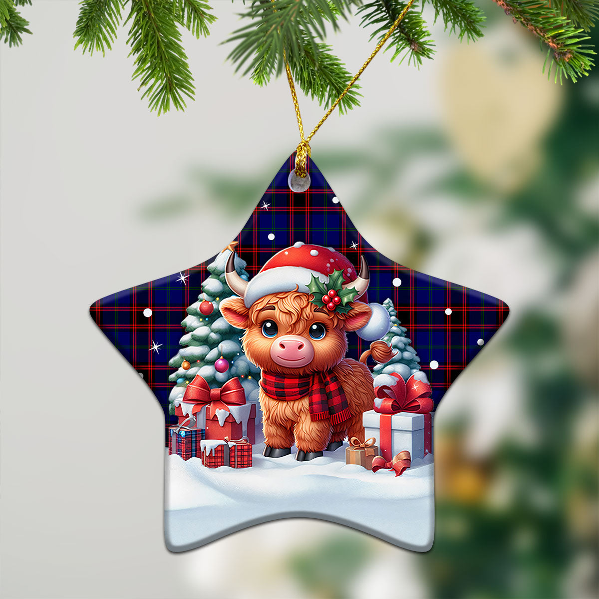 Home Modern Tartan Christmas Ceramic Ornament - Highland Cow Winter Style