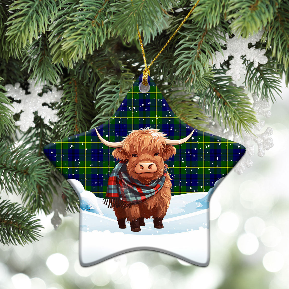 Johnston Modern Tartan Christmas Ceramic Ornament - Highland Cows Snow Style