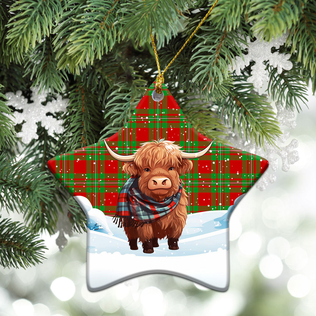 MacGregor Modern Tartan Christmas Ceramic Ornament - Highland Cows Snow Style