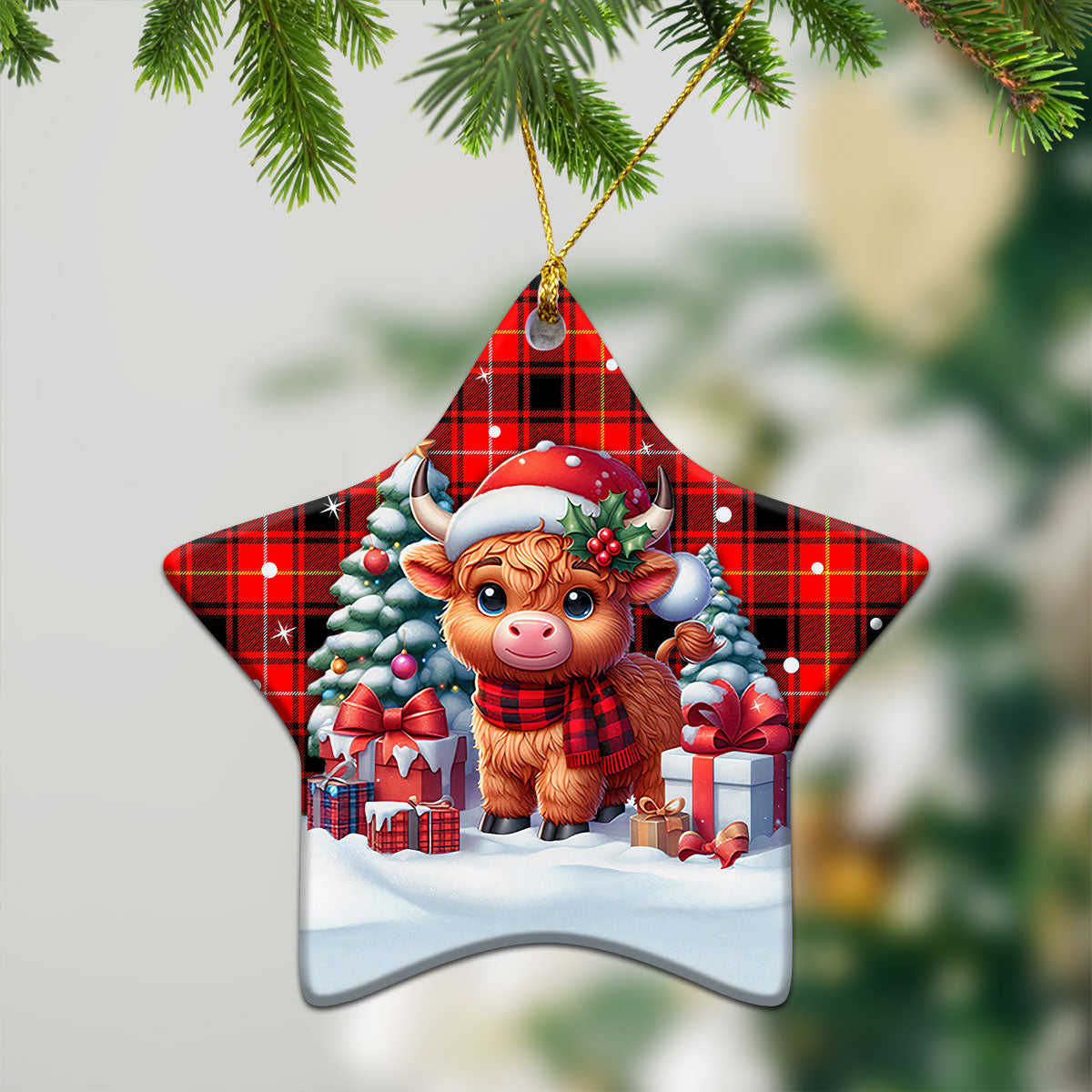 MacIver Modern Tartan Christmas Ceramic Ornament - Highland Cow Winter Style