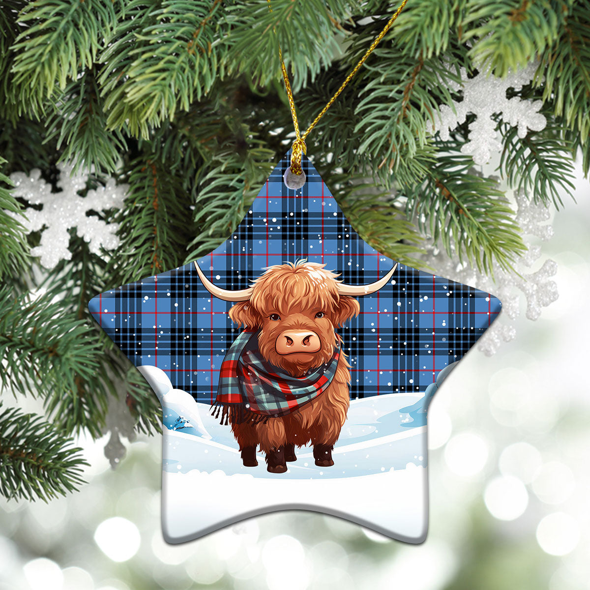 MacKay Blue Tartan Christmas Ceramic Ornament - Highland Cows Snow Style