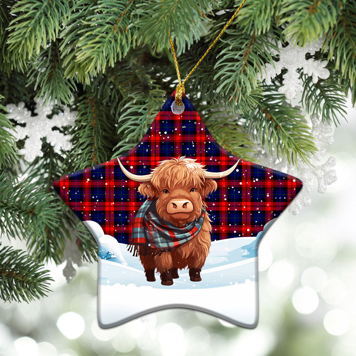 MacLachlan Modern Tartan Christmas Ceramic Ornament - Highland Cows Snow Style