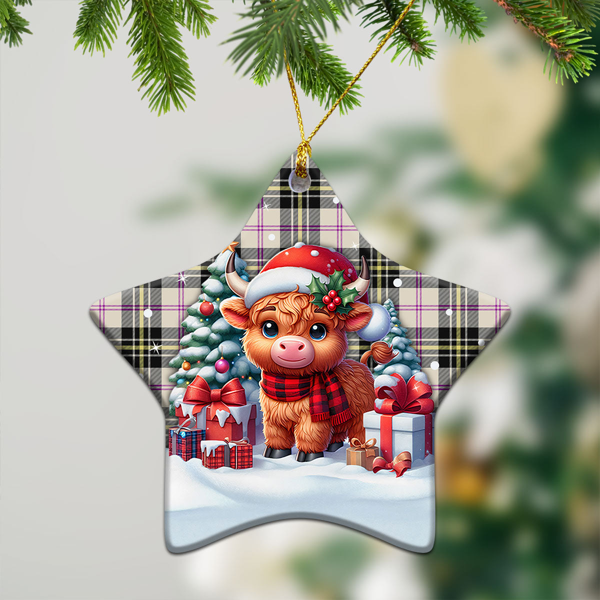 MacPherson Dress Ancient Tartan Christmas Ceramic Ornament - Highland Cow Winter Style