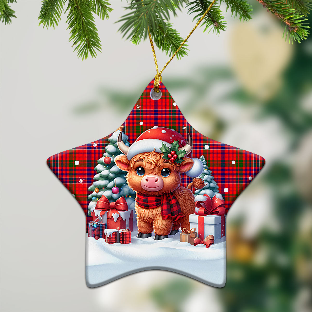 MacRae Modern Tartan Christmas Ceramic Ornament - Highland Cow Winter Style