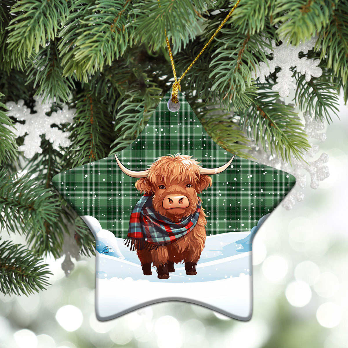 McDonald Lord of the Isles Hunting Tartan Christmas Ceramic Ornament - Highland Cows Snow Style