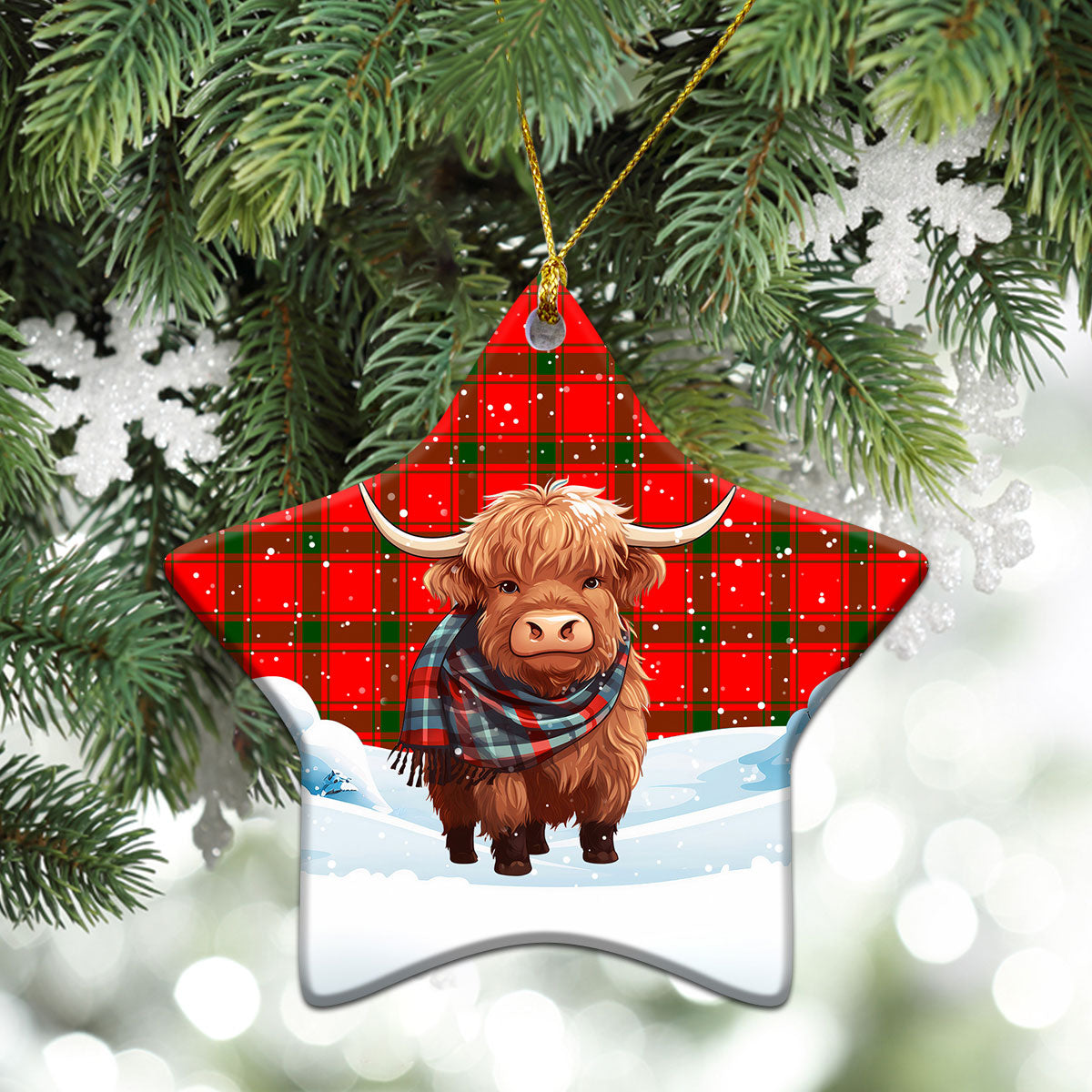 McDonald of Sleat Tartan Christmas Ceramic Ornament - Highland Cows Snow Style