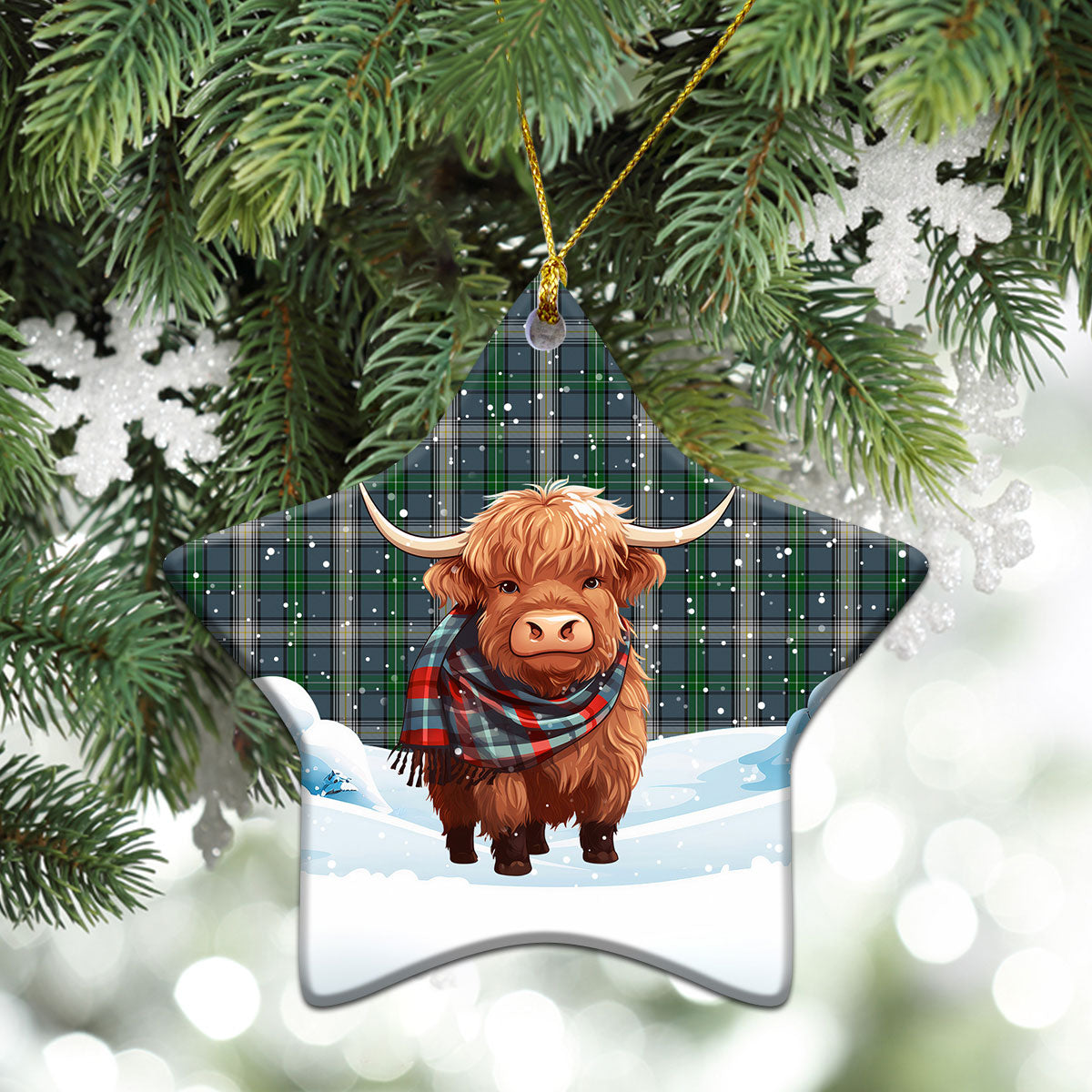 McDowell (MacDowell) Tartan Christmas Ceramic Ornament - Highland Cows Snow Style