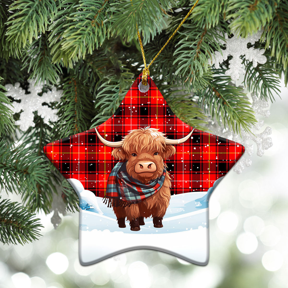 McIvor Tartan Christmas Ceramic Ornament - Highland Cows Snow Style