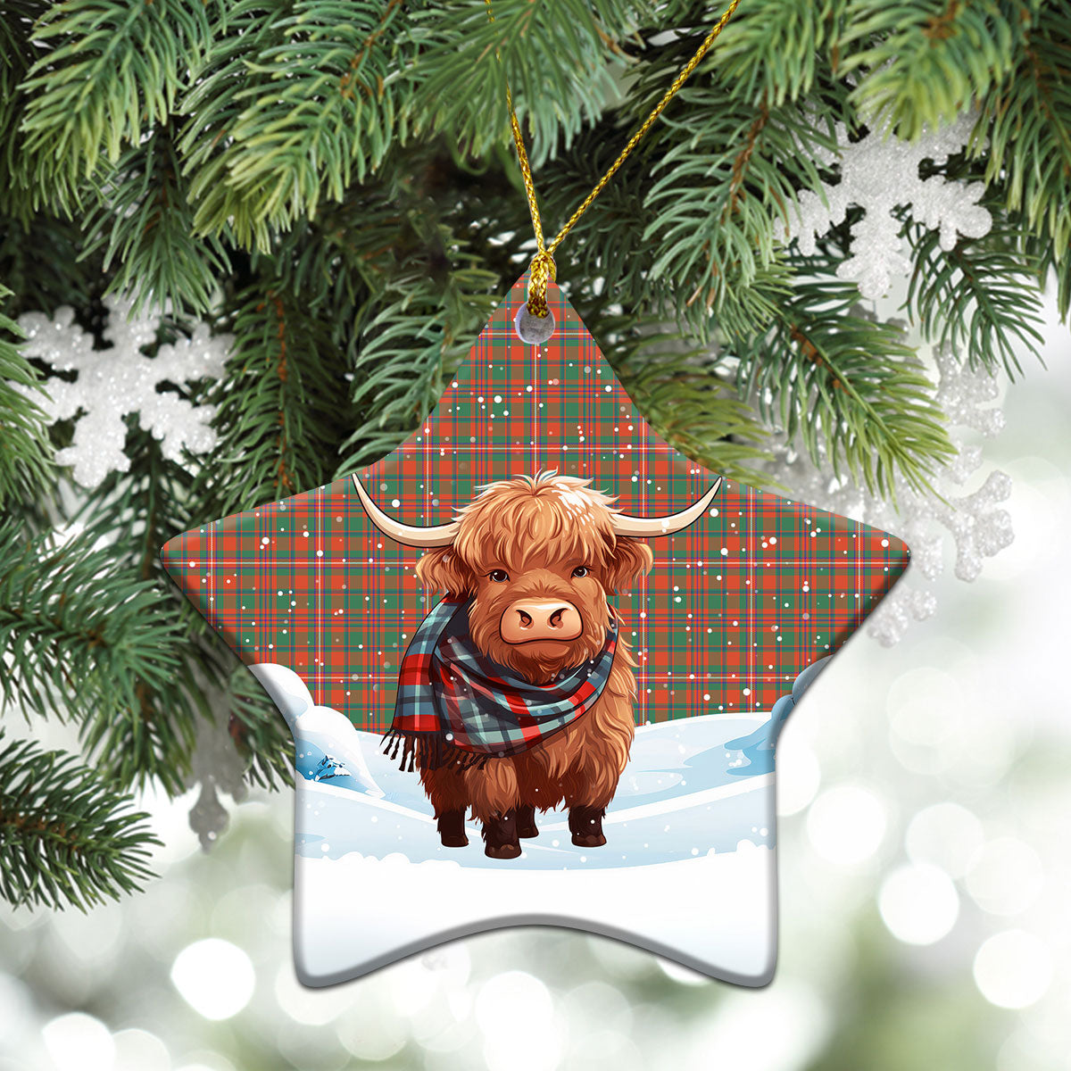 McKinnon Ancient Tartan Christmas Ceramic Ornament - Highland Cows Snow Style