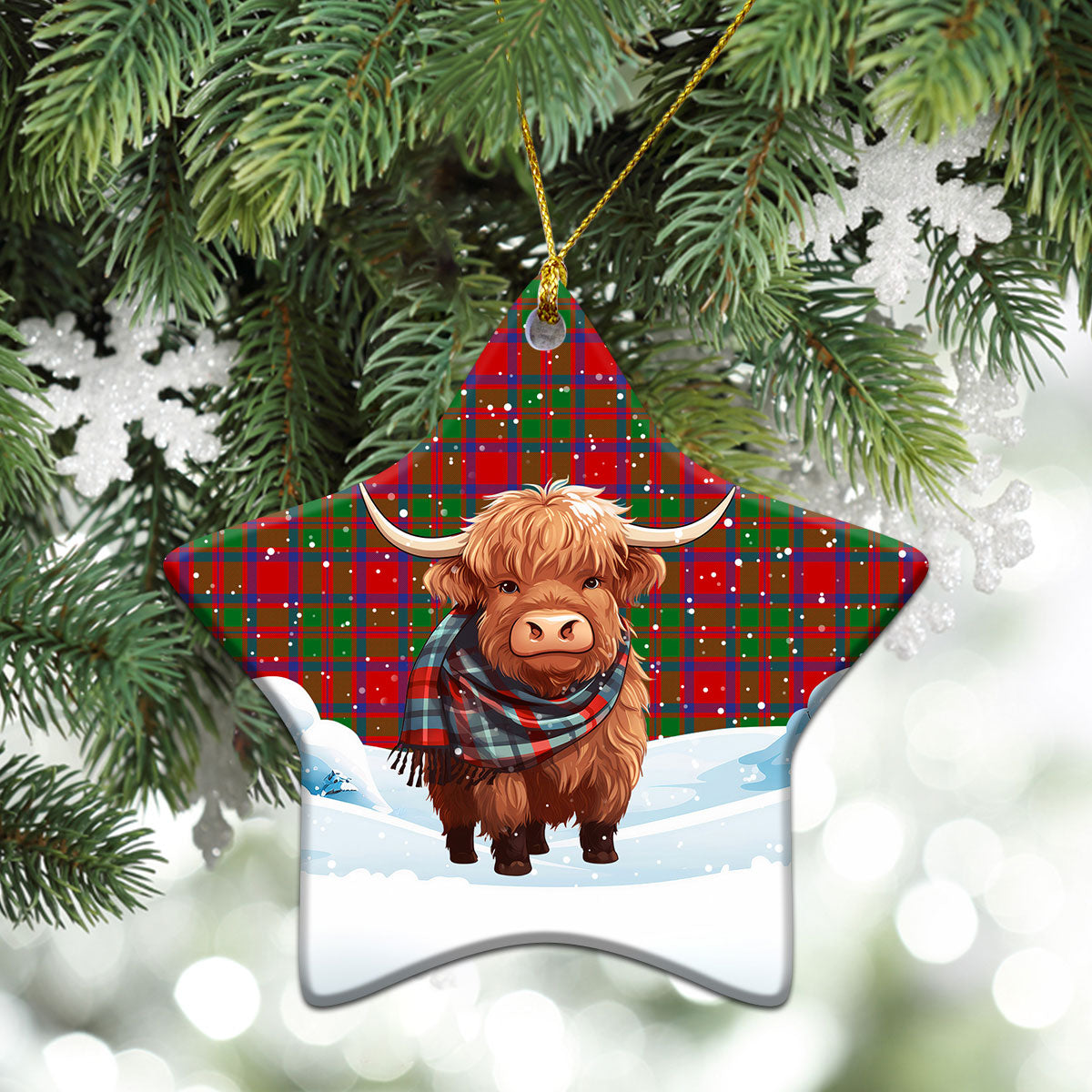 McKintosh Modern Tartan Christmas Ceramic Ornament - Highland Cows Snow Style