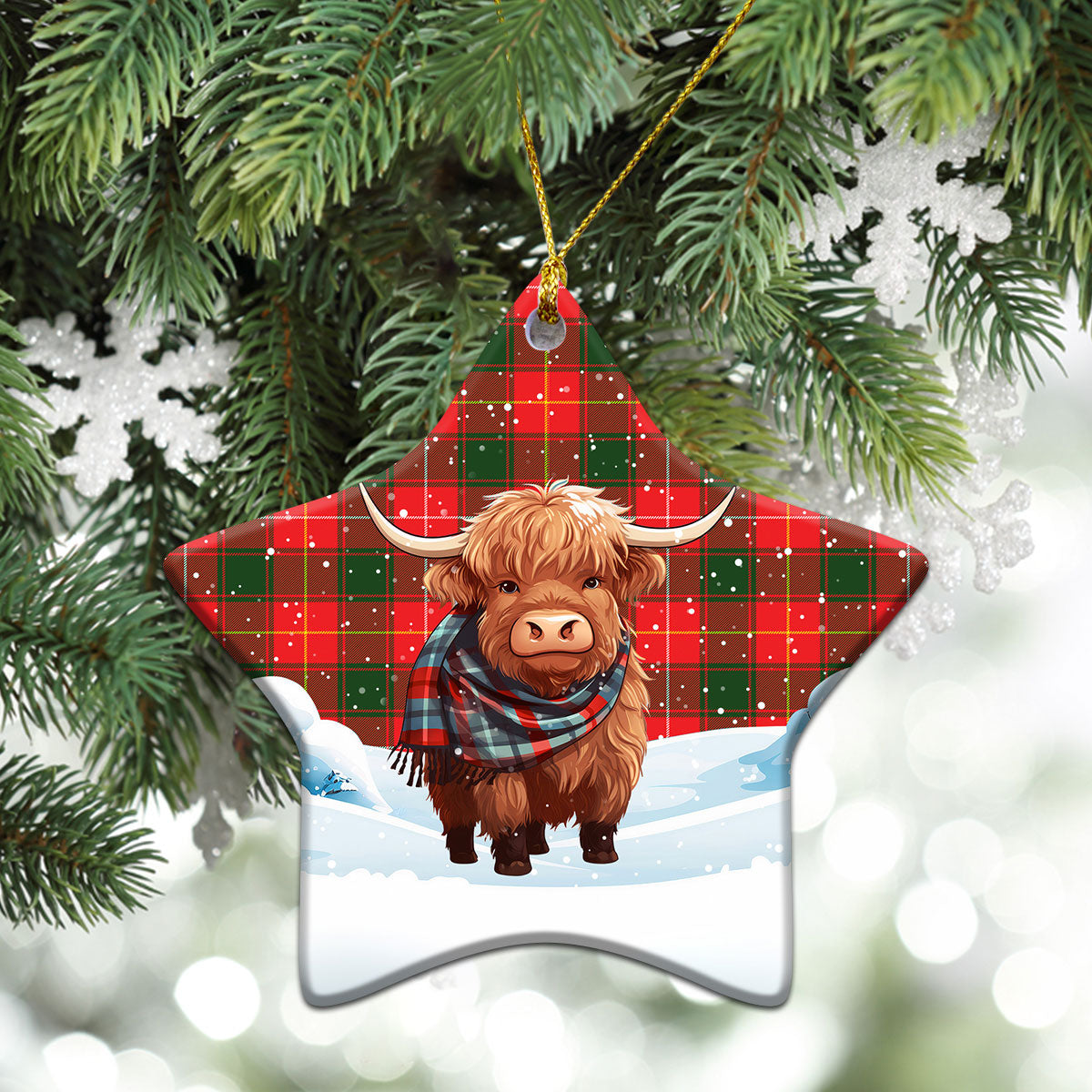 McPhee Tartan Christmas Ceramic Ornament - Highland Cows Snow Style