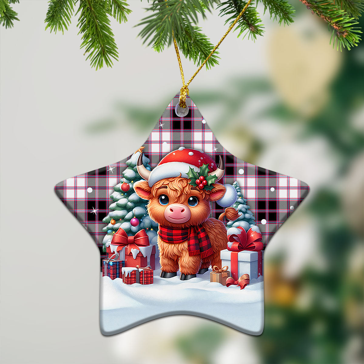 McPherson Hunting Modern Tartan Christmas Ceramic Ornament - Highland Cow Winter Style