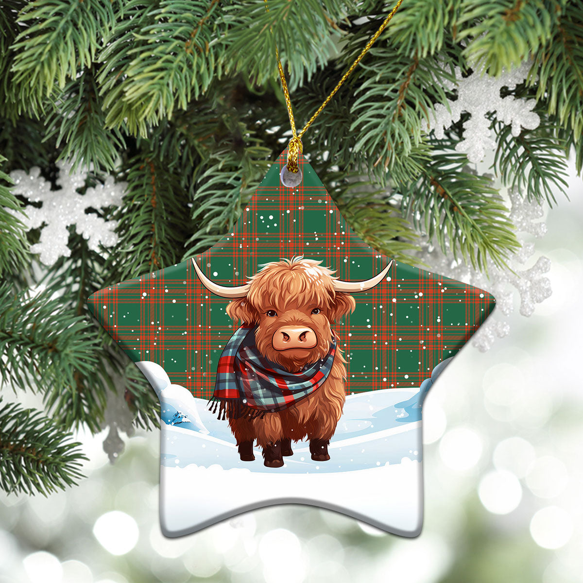 Menzies Green Ancient Tartan Christmas Ceramic Ornament - Highland Cows Snow Style