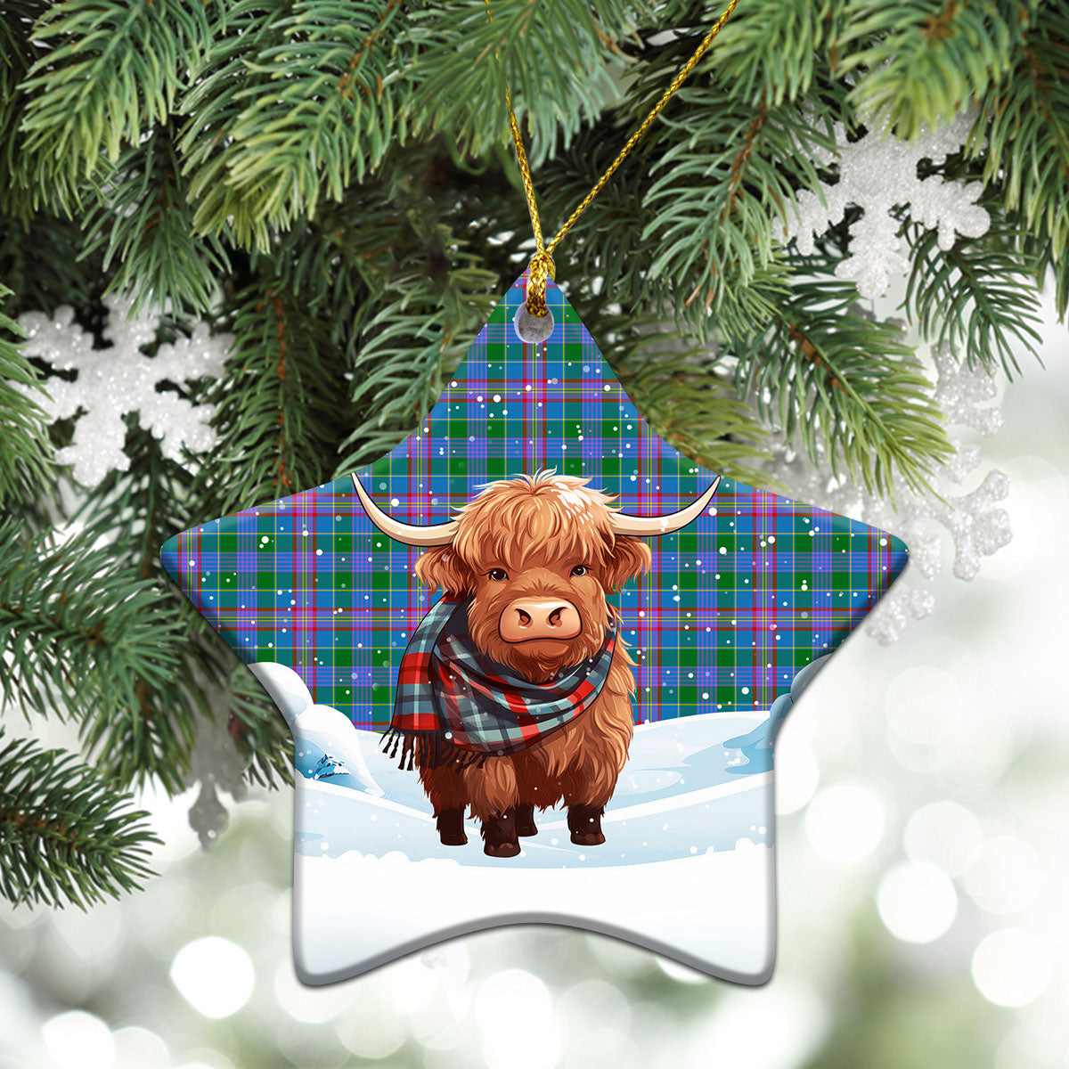 Pitcairn Hunting Tartan Christmas Ceramic Ornament - Highland Cows Snow Style