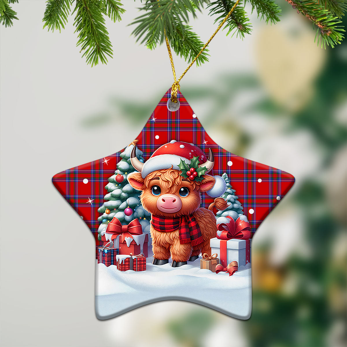 Rait Tartan Christmas Ceramic Ornament - Highland Cow Winter Style