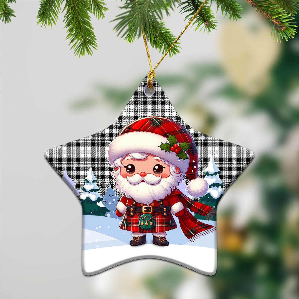 Scott Black & White Modern Tartan Christmas Ceramic Ornament - Santa Claus In Kilt Style