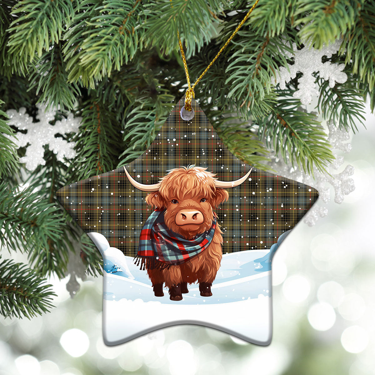 Stewart Hunting Weathered Tartan Christmas Ceramic Ornament - Highland Cows Snow Style