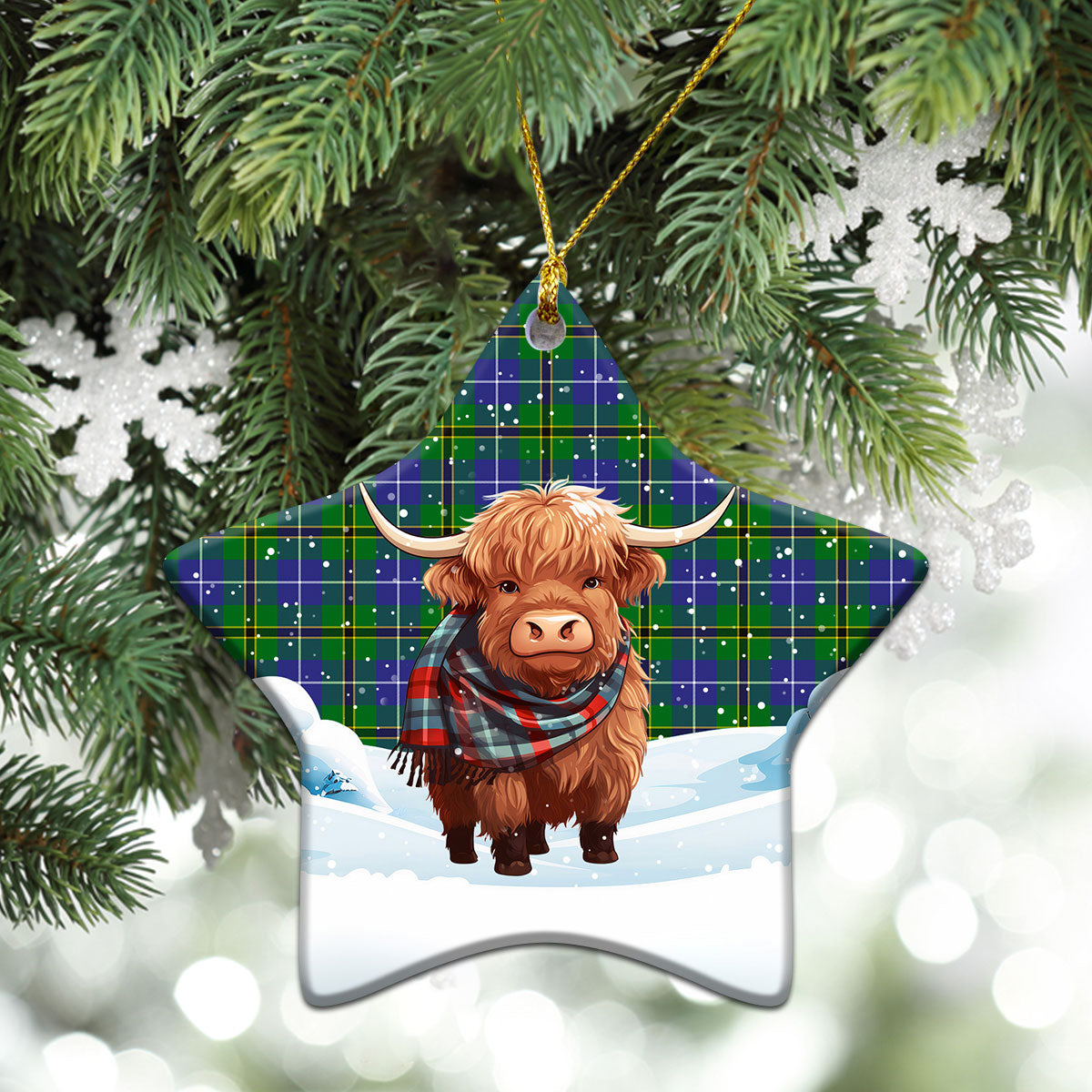 Turnbull Hunting Tartan Christmas Ceramic Ornament - Highland Cows Snow Style