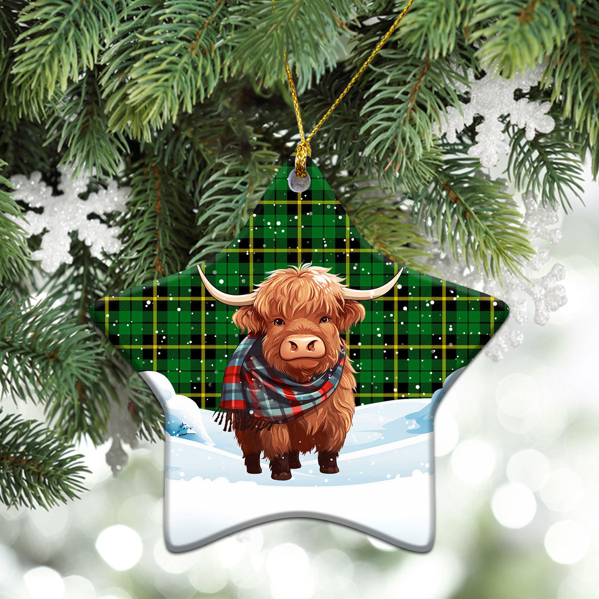 Wallace Hunting Modern Tartan Christmas Ceramic Ornament - Highland Cows Snow Style