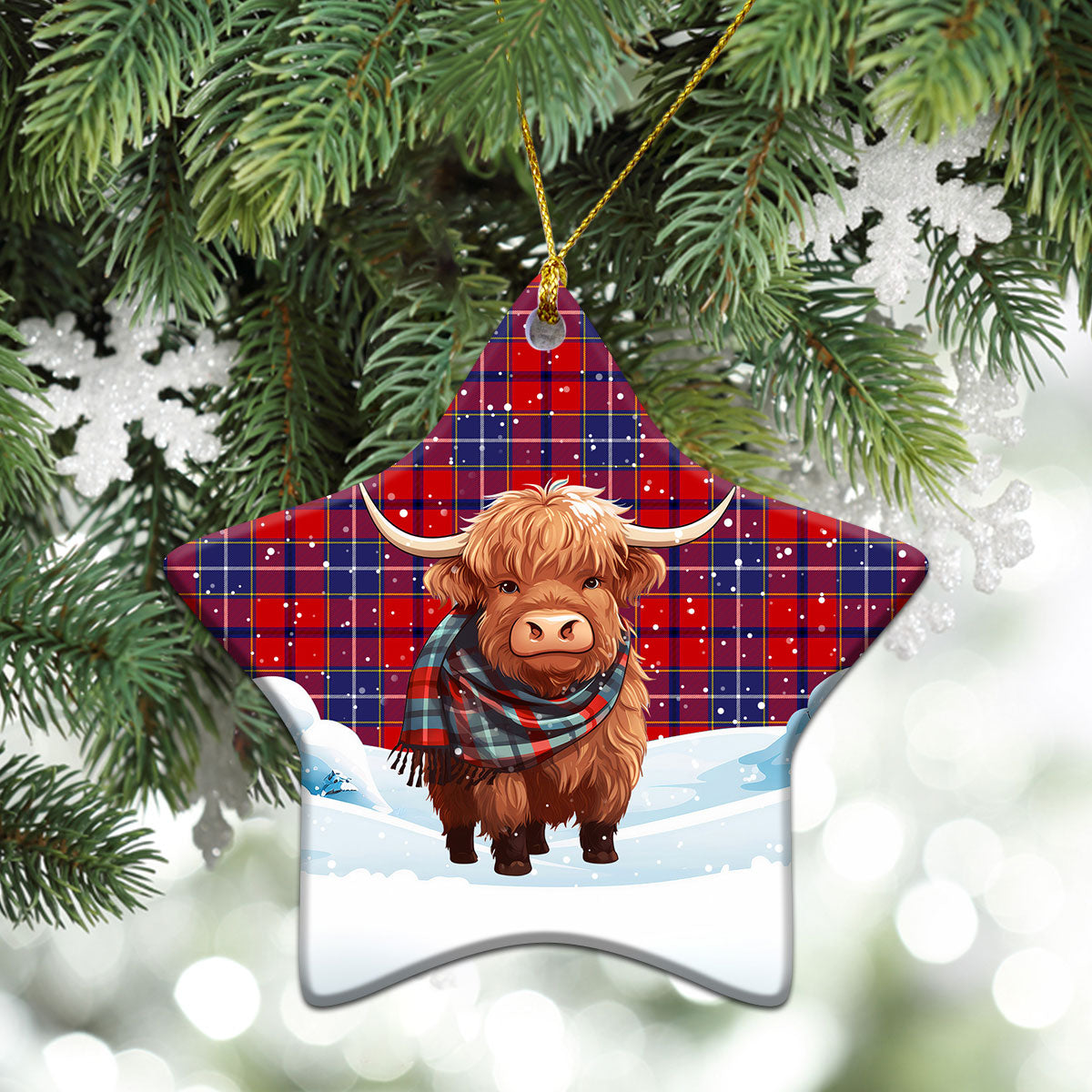 Wishart Dress Tartan Christmas Ceramic Ornament - Highland Cows Snow Style