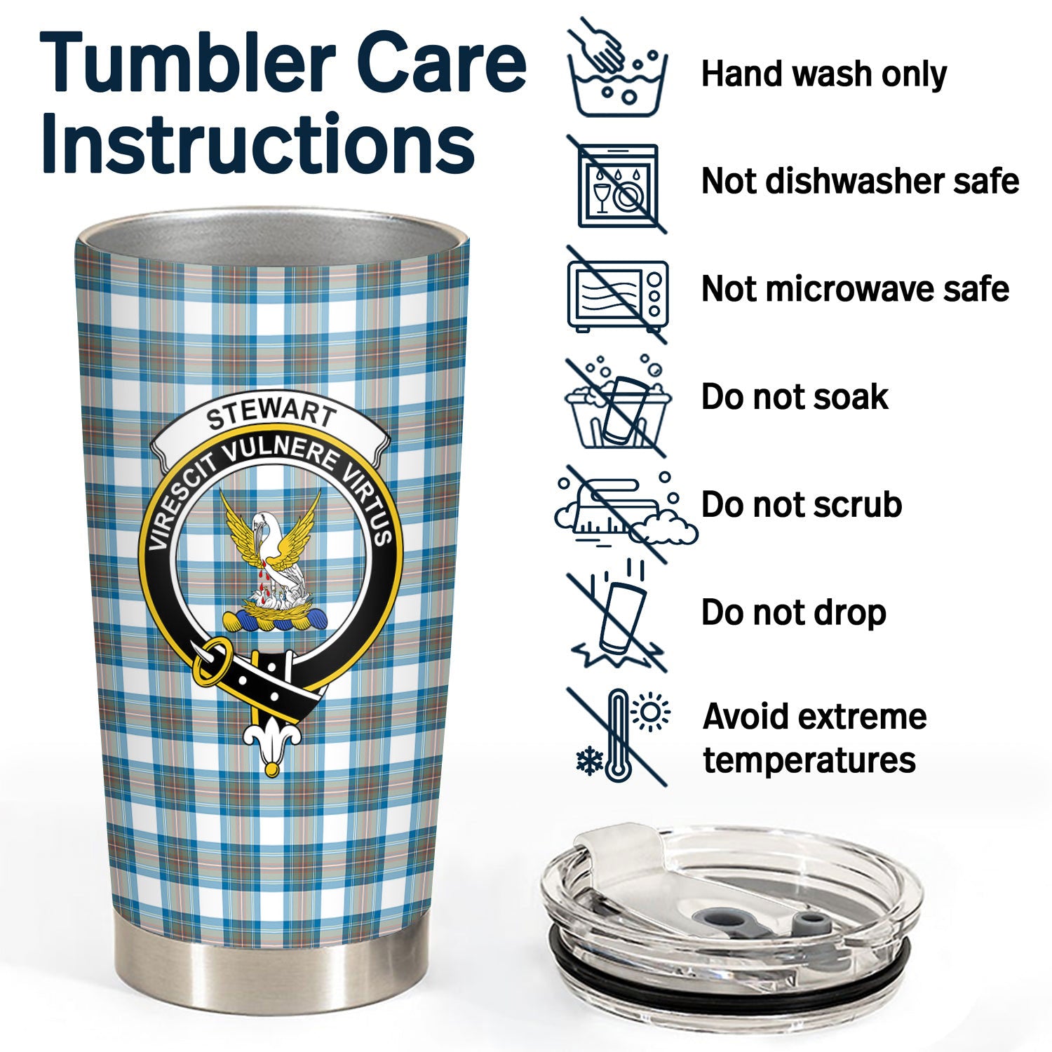 Stewart Muted Blue Tartan Crest Tumbler