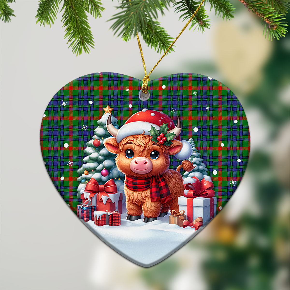 Aiton Tartan Christmas Ceramic Ornament - Highland Cow Winter Style