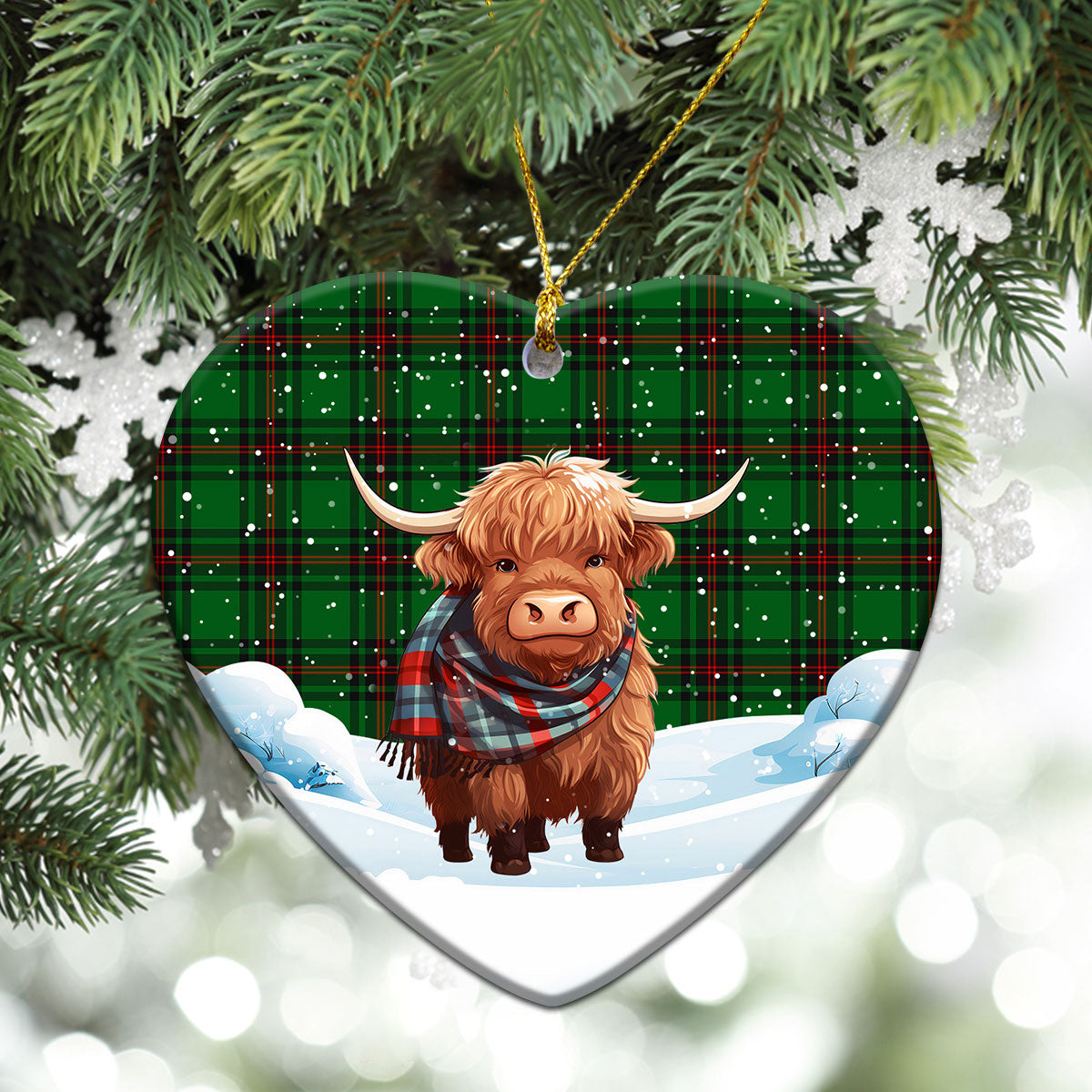 Anstruther Tartan Christmas Ceramic Ornament - Highland Cows Snow Style