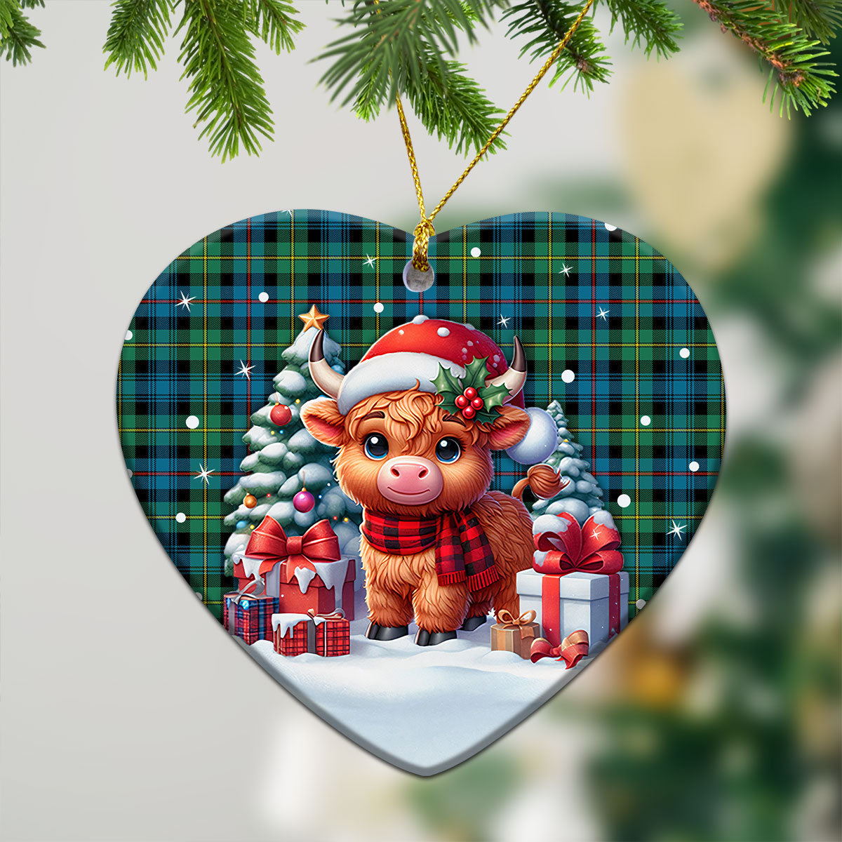 Baillie Ancient Tartan Christmas Ceramic Ornament - Highland Cow Winter Style