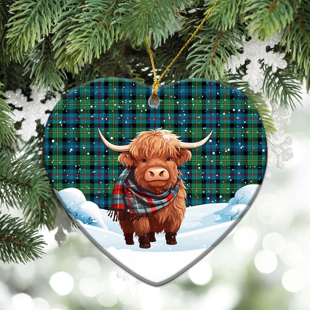 Baillie Ancient Tartan Christmas Ceramic Ornament - Highland Cows Snow Style