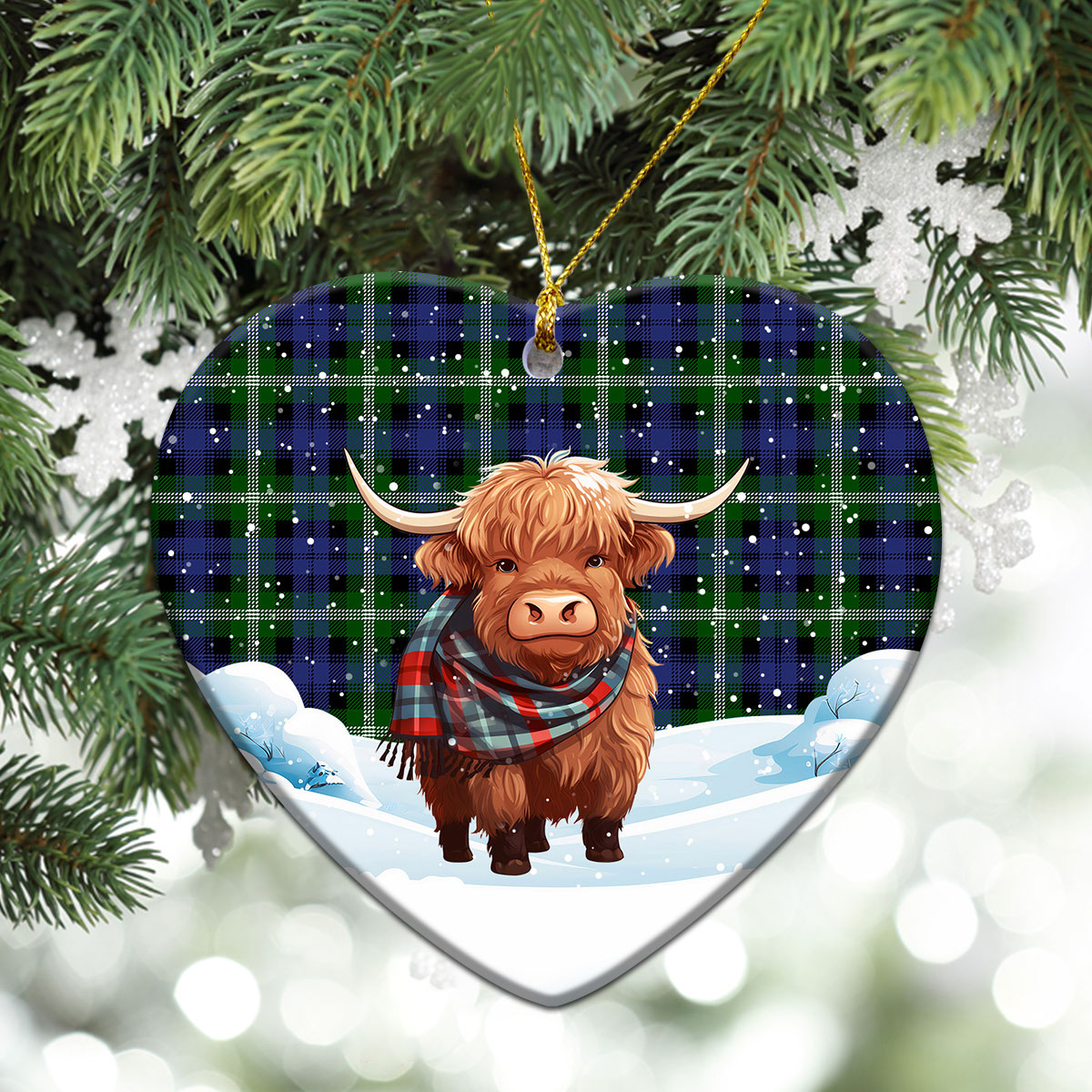 Baillie Modern Tartan Christmas Ceramic Ornament - Highland Cows Snow Style