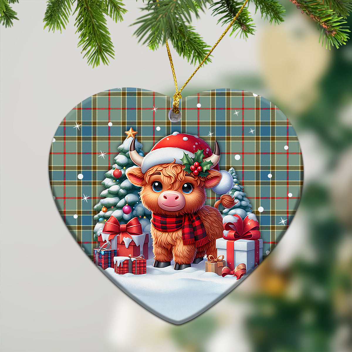 Balfour Blue Tartan Christmas Ceramic Ornament - Highland Cow Winter Style