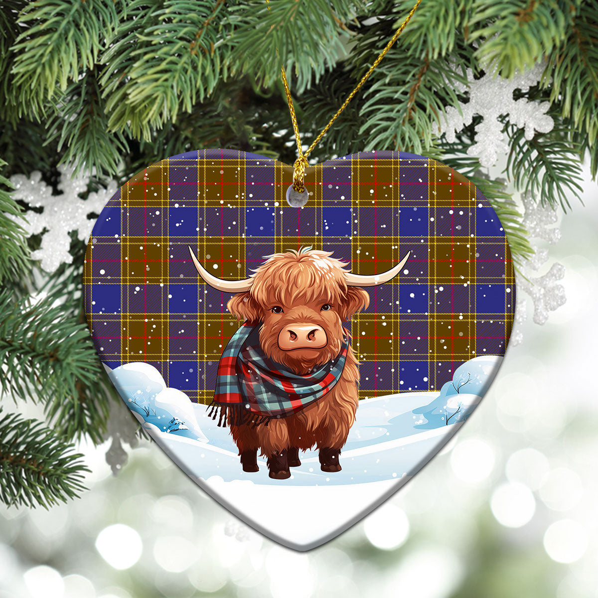 Balfour Modern Tartan Christmas Ceramic Ornament - Highland Cows Snow Style