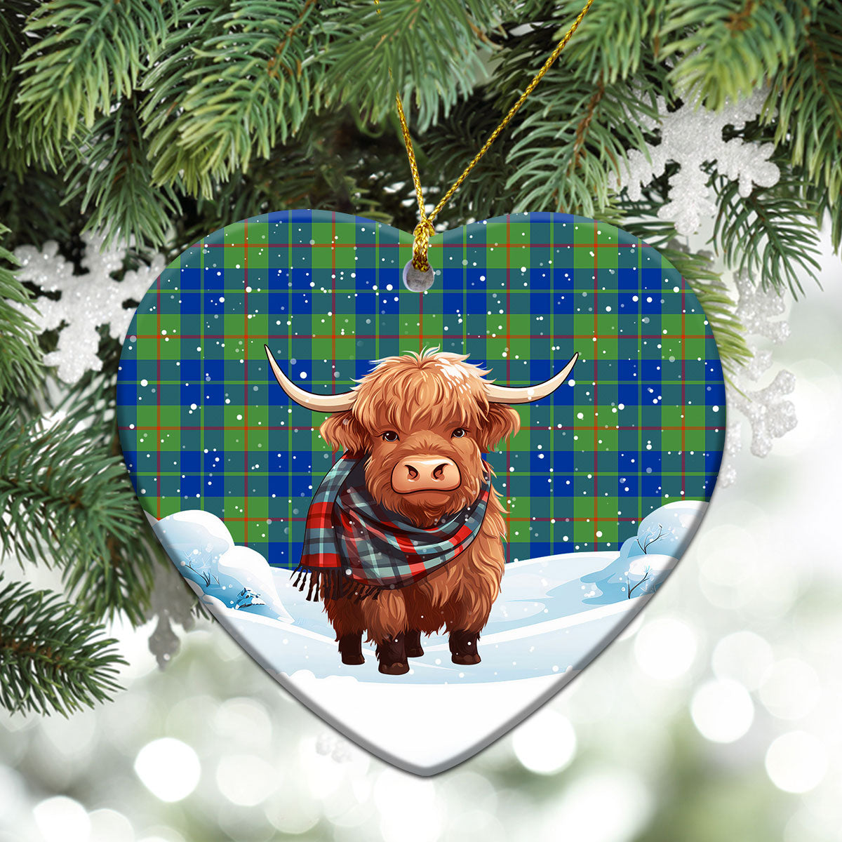 Barclay Hunting Ancient Tartan Christmas Ceramic Ornament - Highland Cows Snow Style